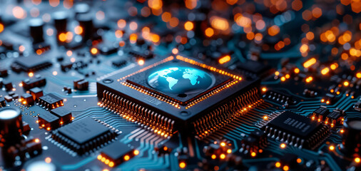 advanced microchip or cpu of a powerful computer with world globe online connection