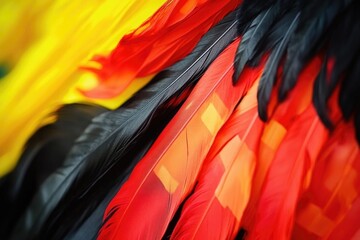 Wall Mural - A detailed view of a vibrant red and yellow feather