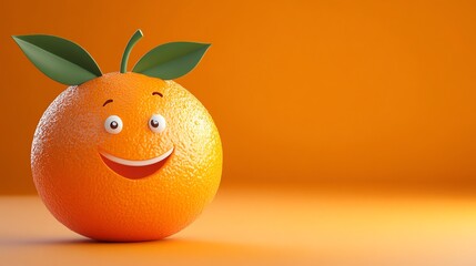 Wall Mural - A cartoon orange with a big smile and green leaves, standing on a bright orange background.