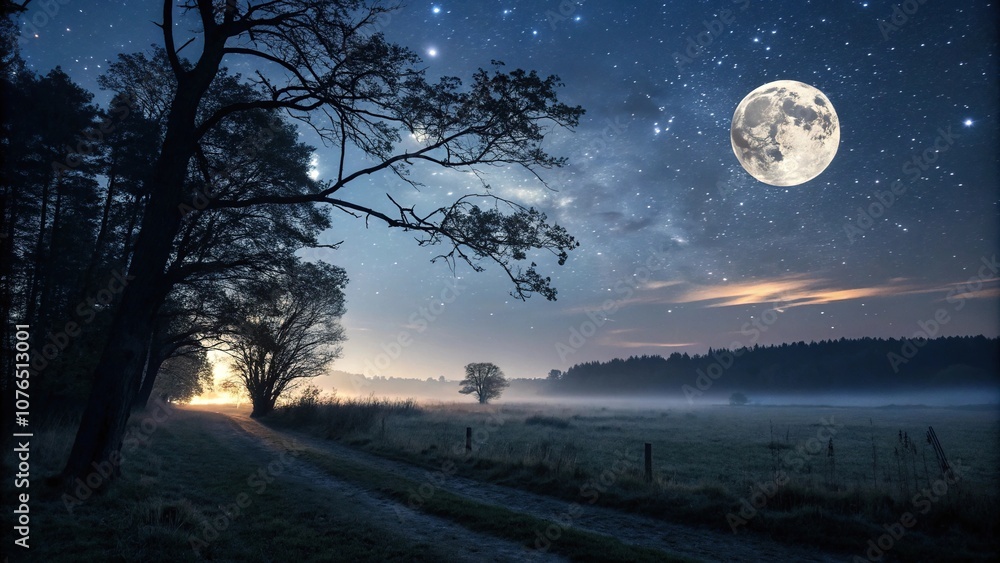 A mystical and dreamy scene of a starry night under a full moon with ...