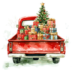 Watercolor winter cartoon illustration with hand painted Christmas red pick up truck with presents and snowy pine trees, isolated on white background Holiday merry christmas card and invitation design