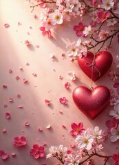 Wall Mural - Red Valentine's Day hearts hung on a flowering bush against a pink wall. Wallpaper with space for text