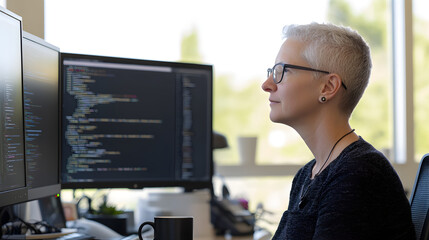 a middle-aged white female with short gray hair sits at a desk, focused intently on multiple compute