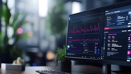 A modern desktop computer with a data analysis screen showing charts and graphs.