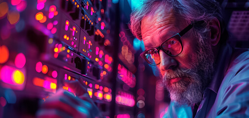 Internet Business, Network and cybersecurity of data center with engineer working in a server room computer