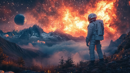 Wall Mural - a spaceman walking through a misty distant planet. surreal mystical fantasy artwork