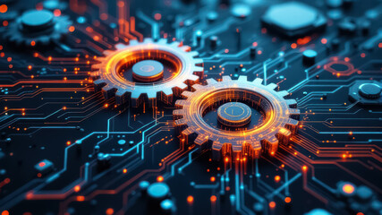 interconnected gears and circuitry symbolizing synergy between technology and business processes