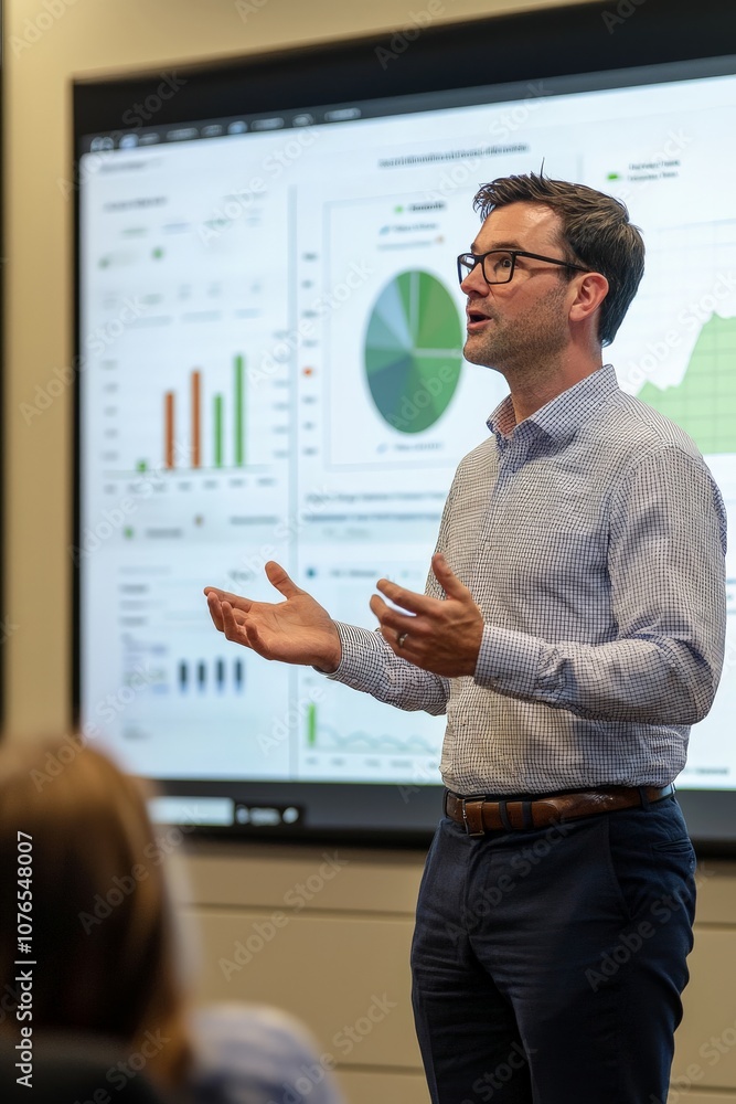 Businessman confidently giving a presentation in a modern office ...