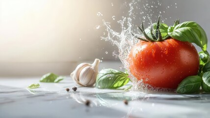 Wall Mural - A vibrant tomato splashes water with garlic and fresh basil, highlighting fresh ingredients and culinary creativity.