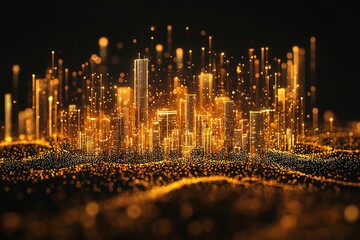 Wall Mural - a glowing gold city skyline with light particles on a black background, a futuristic digital technol