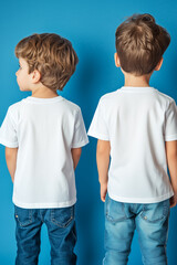 Wall Mural - Two happy little boys, wearing a casual outfit of a empty white T-shirt