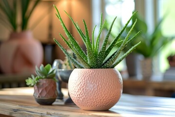 Aloe vera plant growing in a pink pot on a wooden table with other plants in the background