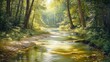 © Eka - A peaceful forest with a clear river flowing gently, fish swimming in the water, surrounded by trees and lush greenery. Sunlight filtering through leaves creates dappled light on the water, highlighti