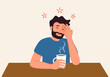 © Orapun - Exhausted young man sit at table drink coffee feel fatigue or drowsiness. Tired guy suffer from overwork lack energy need caffeine. Overwhelmed with work.