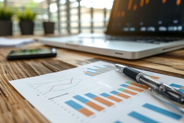 Pen resting on financial charts and graphs, analyzing business growth with laptop on wooden desk