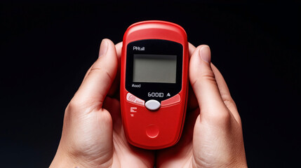 Hands holding a digital pedometer with a red casing against a black background, featuring buttons and a display screen.