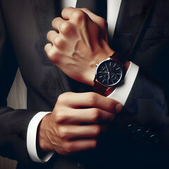 elegant businessman adjusting classic watch on wrist in sophisticated attire