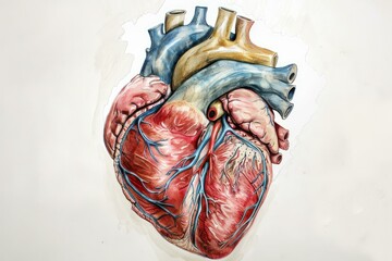 Poster - Detailed anatomical illustration of a human heart, featuring veins and arteries