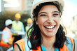 © peopleimages.com - Outdoor, woman and happiness as architect at construction site for city planning and strategy in Germany. Female person, smile and portrait for civil engineering and infrastructure as contractor