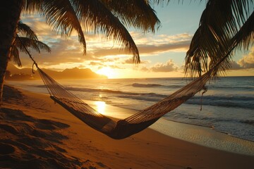 Wall Mural - a serene beach at sunrise with golden light reflecting on the waves, soft sand, and a single empty h
