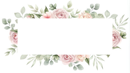 Wall Mural - Watercolor floral frame with pink roses and green leaves isolated on white background.