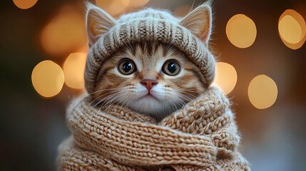 Cute kitten wearing a hat and scarf, a high-definition, realistic portrait photo in a cute style, light brown and beige, soft lighting, cute little cat wearing a sweater