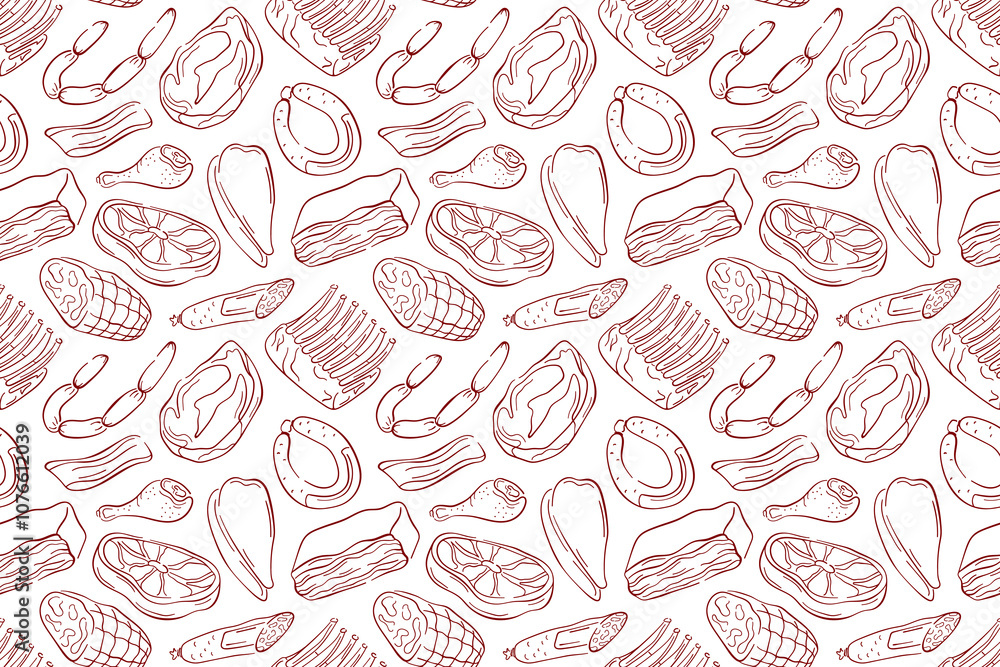 Seared Meat Pattern Seamless meat pattern with various cuts and types in line art style ...