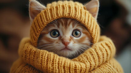Cute kitten wearing a hat and scarf, a high-definition, realistic portrait photo in a cute style, light brown and beige, soft lighting, cute little cat wearing a sweater