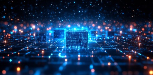 An illustration depicting a futuristic and technological background with dots connecting networks.