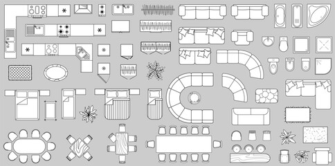 furniture outline top view for floor plan. set of isolated linear icons for interior. vector illustr