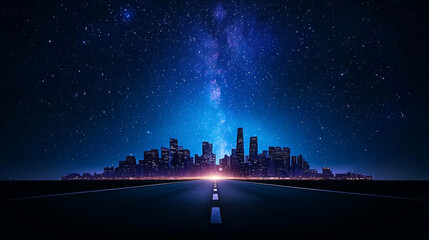 Wall Mural - stunning cityscape emerges beneath starry night sky, blending urban life with vastness of cosmos. road leads directly into heart of illuminated skyline, creating sense of wonder and adventure