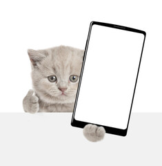 Aufkleber - Cute cat looks above blank white banner and shows thumbs up gesture and big smartphone with blank screen. isolated on white background