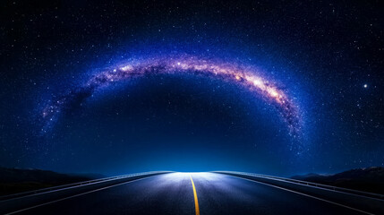 Wall Mural - stunning view of long highway under starry sky, with glowing road markings leading towards Milky Way. scene evokes sense of wonder and adventure