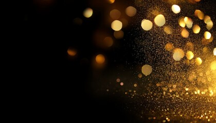 Wall Mural - black background with golden bokeh particles and glitter on the right side abstract glittering light