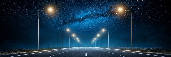 Wall Mural - serene suburban road at night, illuminated by glowing streetlights under starry sky, creates tranquil and inviting atmosphere. vastness of universe above adds sense of wonder and peace