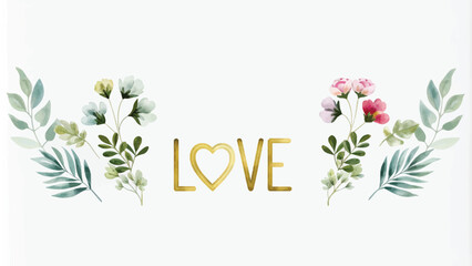 Wall Mural - Watercolor floral background with heart and text love. Vector illustration.