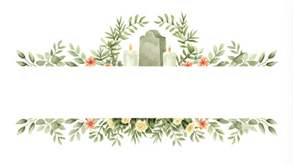 Wall Mural - Watercolor floral frame with green leaves, candles and flowers. Vector illustration.