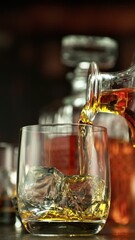 Poster - Super Slow Motion of Pouring Whiskey into Glass. Filmed on High Speed Cinema Camera, 1000 fps. Camera placed on Motion Control. Bar on Background, Low Depth of Focus. Vertical Aspect Ratio.