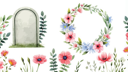 Wall Mural - Watercolor illustration of a gravestone with flowers and leaves on a white background