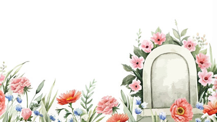 Wall Mural - Cemetery with flowers and gravestone. Watercolor hand drawn illustration