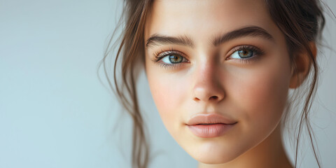 Wall Mural - Serene portrait of young woman with natural beauty on soft background