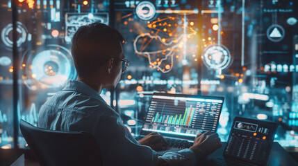 Wall Mural - business analyst working on a laptop showing financial data charts, bar graphs, and performance metr