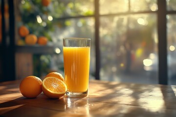 Canvas Print - Freshly squeezed orange juice served in a glass alongside oranges on a wooden table by sunlight