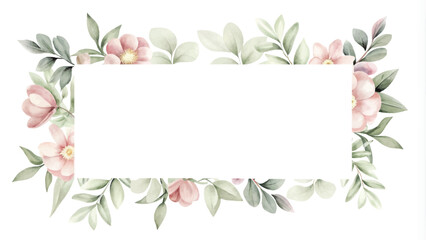 Wall Mural - Watercolor floral frame with pink flowers and green leaves on white background