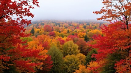 Wall Mural - A beautiful and colorful autumn landscape with vibrant leaves falling from the trees, creating a picturesque seasonal background, peaceful, foliage, fall