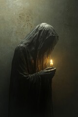 Wall Mural - A person is holding a candle in a dark room