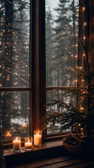 Wall Mural - Spruce tree windowsill winter candle.