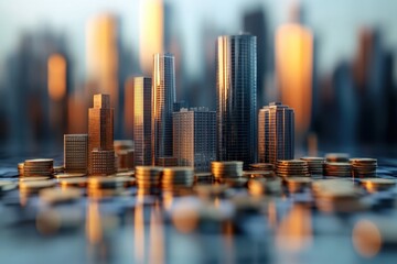 Detailed city skyline with coins at sunset reflecting the growth of urban finance and investment