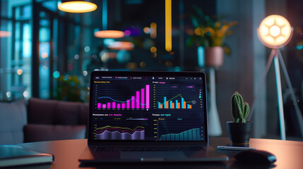 Wall Mural - laptop screen displaying a colorful data dashboard with growth metrics, charts, and a line graph sho