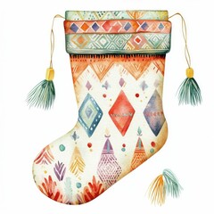 Wall Mural - Watercolor of a Christmas with boho design featuring tassels and geometric patterns in pastel colors isolated on a white background perfect for holiday wrapping and festive designs